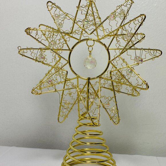 Gold Christmas Tree Topper 7.5" Wire w/Iridescent Beads Prism Star Design EUC - Picture 2 of 6